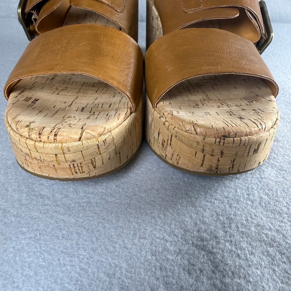 Kork Ease tan leather platform slip ons - sandals heels cork sole buckle size 9M - Picture 3 of 9